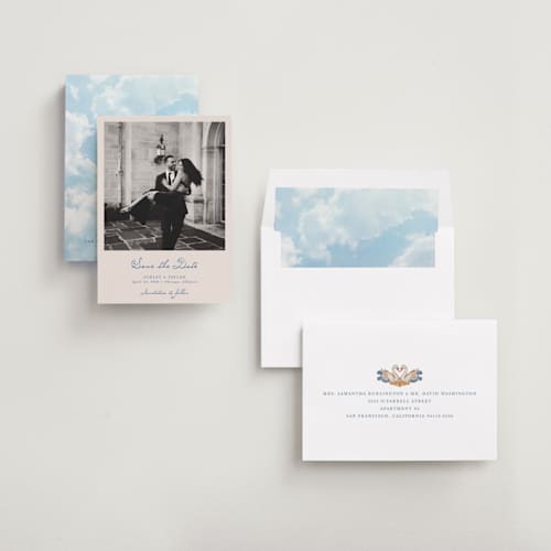 This is a royal save the date with standard by Cass Loh called swan crest printing on recycled smooth signature in standard