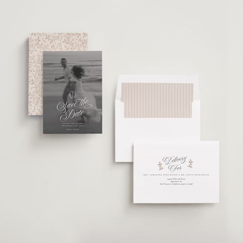 This is a ivory save the date with standard by Paper Raven Co. called vintage romance printing on recycled smooth signature in standard