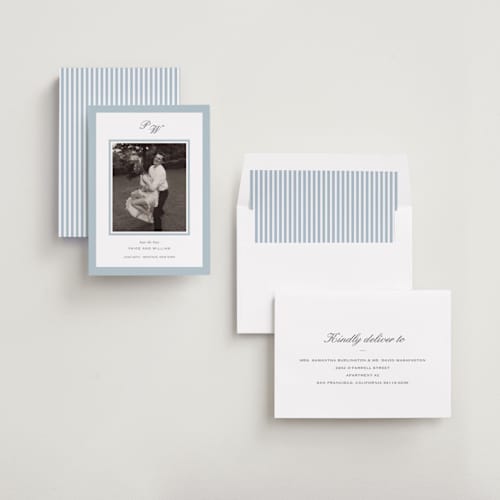 This is a sky save the date with standard by Sara Hicks Malone called briland printing on recycled smooth signature in standard