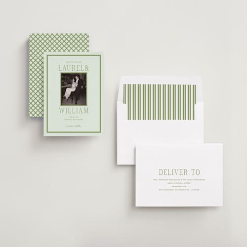 This is a forest save the date with standard by Sara Hicks Malone called dewberry printing on recycled smooth signature in standard