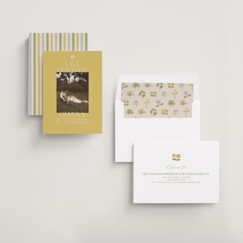 This is a summer citrus save the date with standard by Vera Lim called the gallery printing on recycled smooth signature in standard