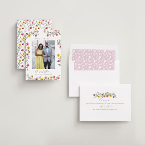This is a peony save the date with standard by Yaling Hou Suzuki called wildflower wreath printing on recycled smooth signature in standard