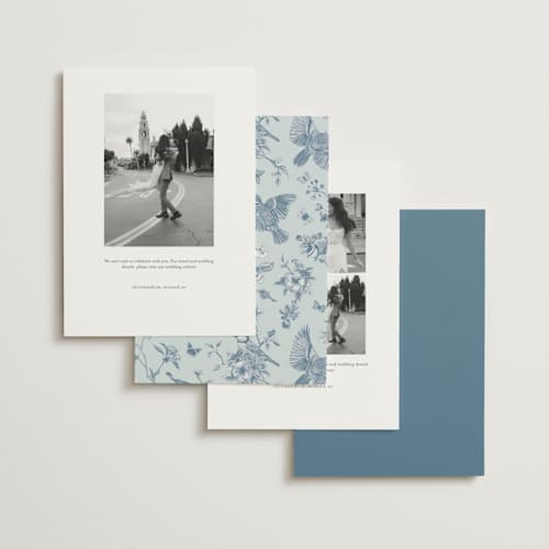 This is a dusty blue save the date with standard by Jennifer Postorino called empire printing on signature in standard