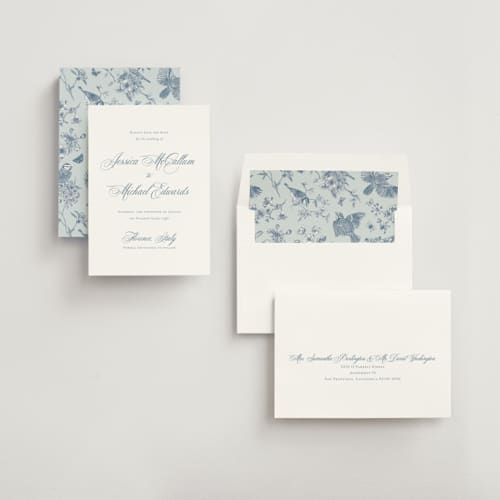 This is a dusty blue save the date with standard by Jennifer Postorino called empire printing on signature in standard