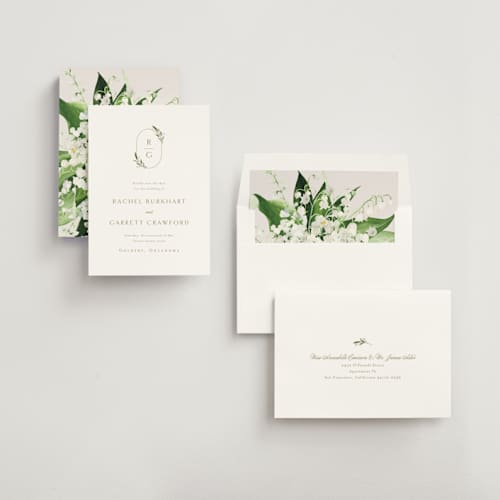 This is a champagne save the date with standard by Jennifer Postorino called soft sprigs printing on signature in standard