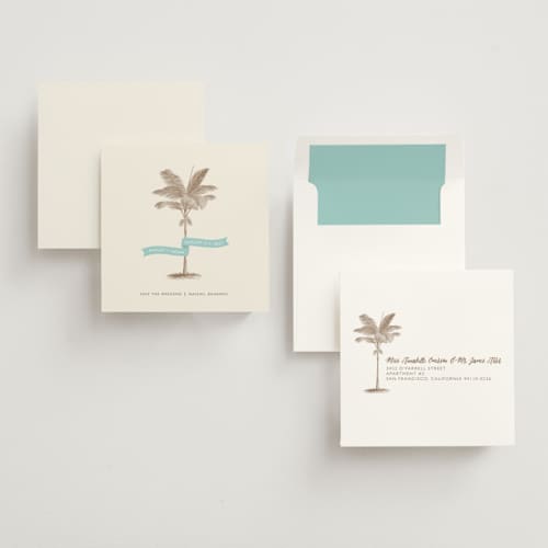 This is a ocean save the date with standard by Lauren Chism called palm printing on signature in square