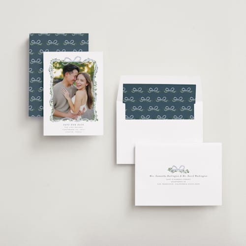 This is a juniper save the date with standard by Itsy Belle Studio called ribbonly frame printing on recycled smooth signature in standard
