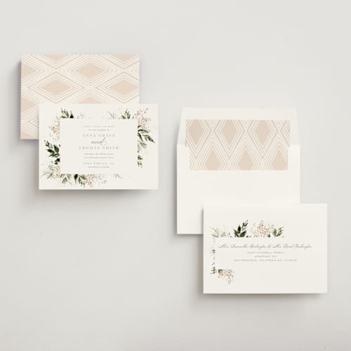This is a porcelain save the date with standard by Leah Bisch called grace printing on recycled smooth signature in standard