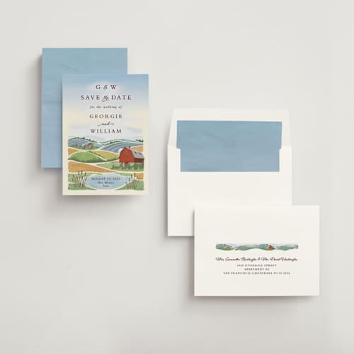 This is a sky blue save the date with standard by Paper Sun Studio called farm and field printing on signature in standard