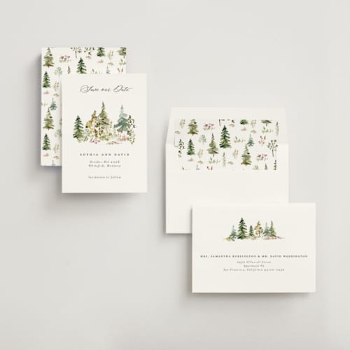 This is a forest save the date with standard by Petra Kern called great outdoors printing on signature in standard