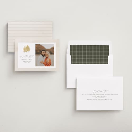 This is a natural save the date with standard by Robert and Stella called aspen printing on recycled smooth signature in standard