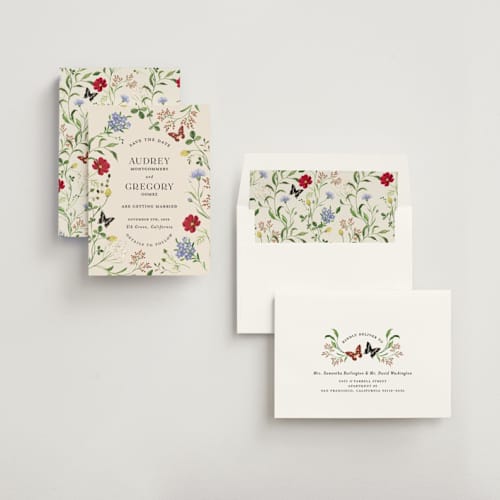 This is a elder flower save the date with standard by Sarah Knight called wild meadow printing on signature in standard