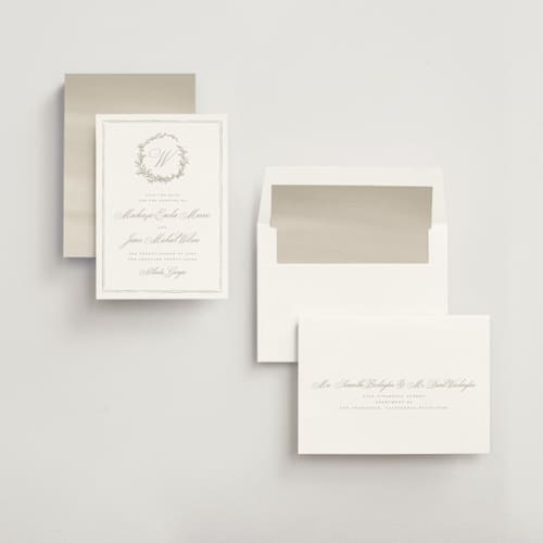 This is a chantilly save the date with standard by Wildfield Paper Co called romantic wreath printing on signature in standard