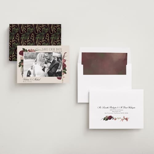 This is a merlota save the date with standard by Susan Moyal called romantics printing on recycled smooth signature in standard