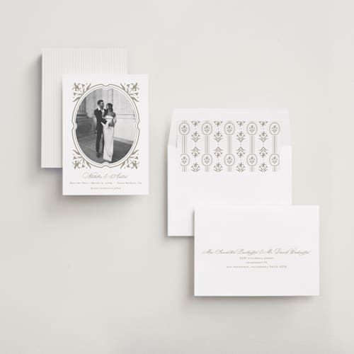 This is a paris rain save the date with standard by Jennifer Postorino called calia printing on recycled smooth signature in standard