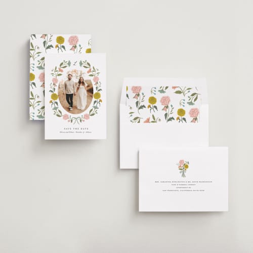 This is a swan save the date with standard by Lori Wemple called botanical cameo printing on recycled smooth signature in standard