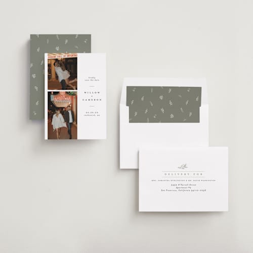 This is a snow save the date with standard by Joanna Griffin called classic printing on recycled smooth signature in standard