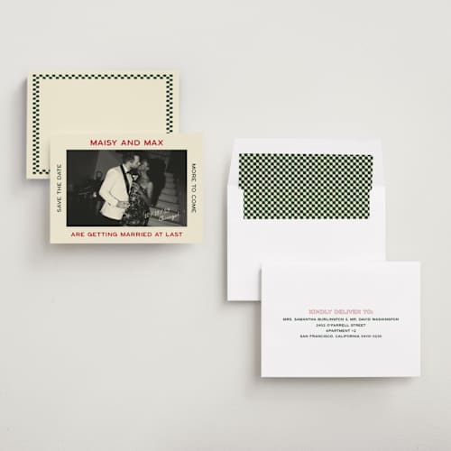 This is a pizzeria save the date with standard by Ani Somi called trattoria printing on recycled smooth signature in standard