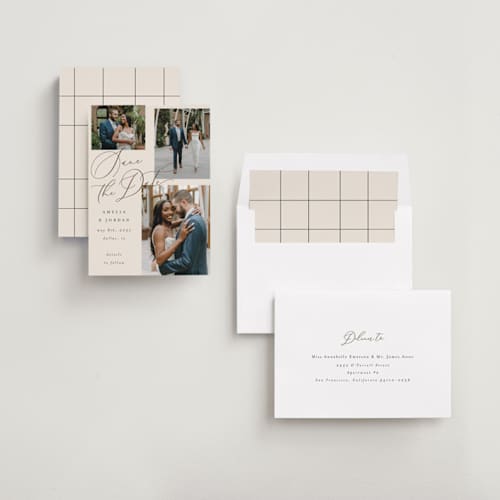 This is a ecru save the date with standard by AK Graphics called whimsy printing on recycled smooth signature in standard