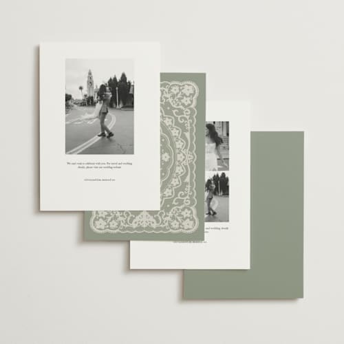 This is a sage save the date with standard by Zove Ahhh called written in romance printing on signature in 5x7
