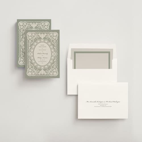 This is a sage save the date with standard by Zove Ahhh called written in romance printing on signature in 5x7