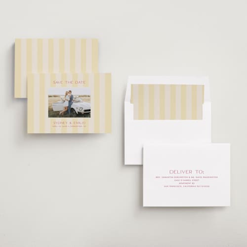 This is a lemon save the date with standard by Ellen Schlegelmilch called palmetto printing on recycled smooth signature in standard
