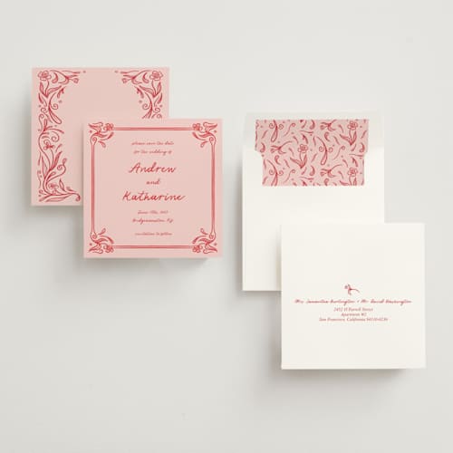 This is a brick save the date with standard by Julia Liverton called love in bloom printing on signature in standard