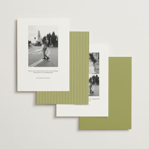 This is a olive save the date with standard by Ellen Schlegelmilch called rory printing on signature in standard