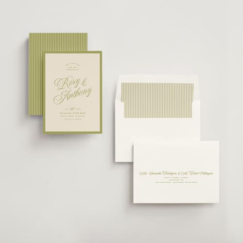 This is a olive save the date with standard by Ellen Schlegelmilch called rory printing on signature in standard