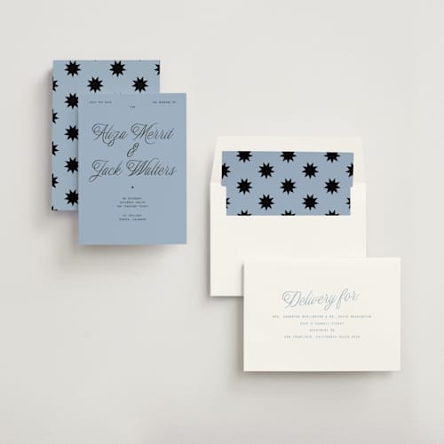 This is a sky save the date with standard by Blustery August called cheers printing on signature in standard