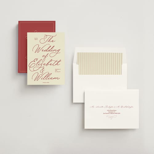 This is a burgundy save the date with standard by Helena Vitto called elizabeth printing on signature in standard