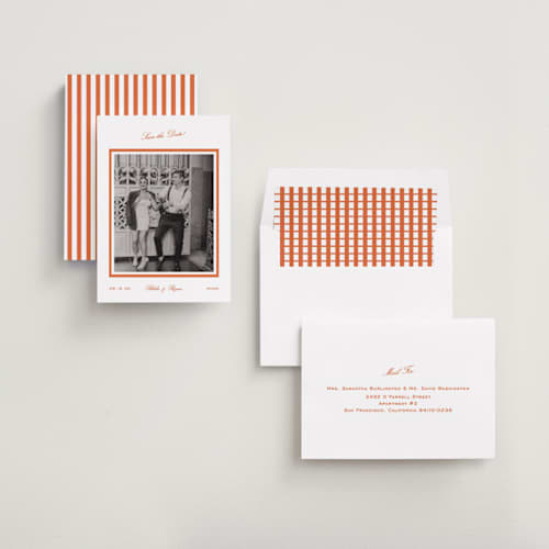 This is a orange peel save the date with standard by Megan Davis called miro printing on recycled smooth signature in standard