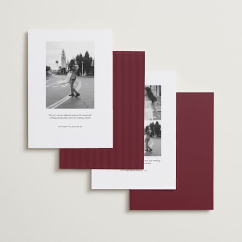 This is a plum save the date with standard by Brianne Larsen called elegant three printing on recycled smooth signature in standard
