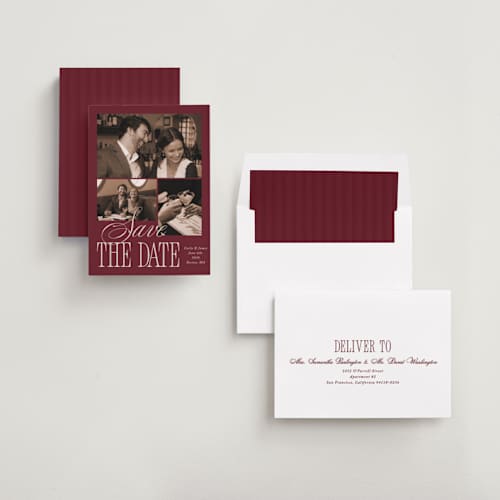 This is a plum save the date with standard by Brianne Larsen called elegant three printing on recycled smooth signature in standard