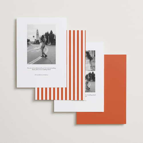 This is a crimson save the date with standard by Wendy Chung called classic collage printing on recycled smooth signature in standard