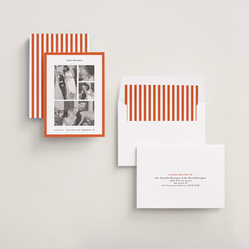 This is a crimson save the date with standard by Wendy Chung called classic collage printing on recycled smooth signature in standard