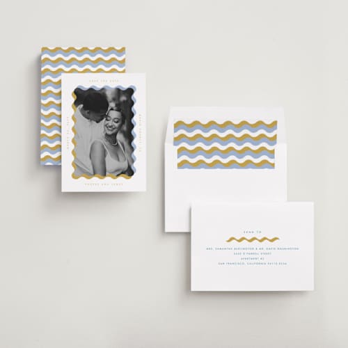 This is a aqua save the date with standard by Baumbirdy called wavy frame printing on recycled smooth signature in standard
