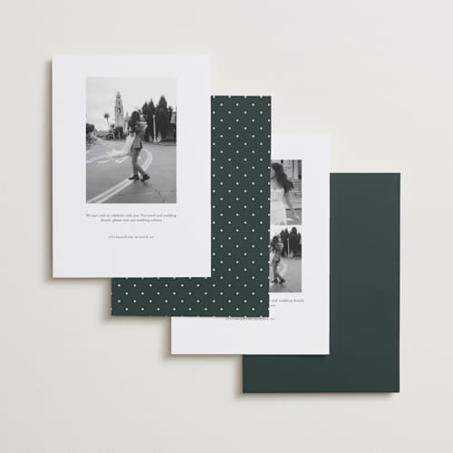 This is a emerald save the date with standard by Kate Ahn called bettie printing on recycled smooth signature in standard