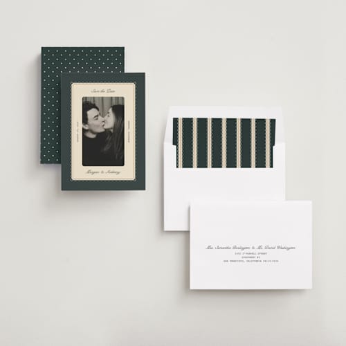 This is a emerald save the date with standard by Kate Ahn called bettie printing on recycled smooth signature in standard