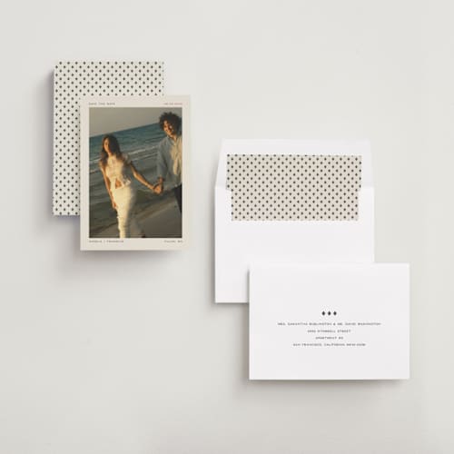 This is a latte save the date with standard by Leah Bisch called simplicity printing on recycled smooth signature in standard