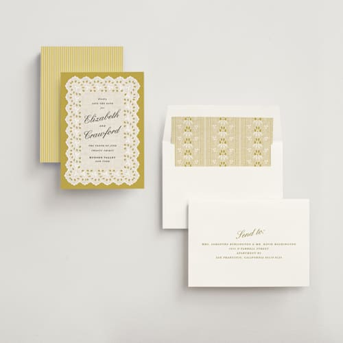 This is a citrine save the date with standard by Olivia Kanaley Inman called eyelet printing on signature in standard