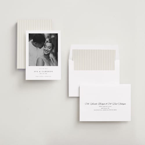 This is a onyx save the date with standard by Jennifer Postorino called simple elegance printing on recycled smooth signature in standard