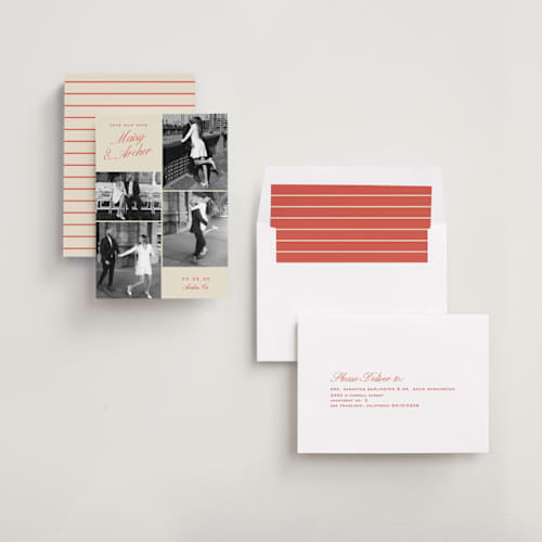 This is a maraschino save the date with standard by Alexandra Cohn called galleria printing on recycled smooth signature in standard