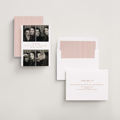 This is a tomato save the date with standard by Paper Raven Co. called diner printing on recycled smooth signature in standard