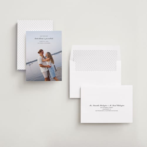 This is a tuxedo save the date with standard by Michelle Buckner called horizon printing on recycled smooth signature in standard
