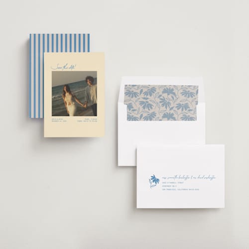 This is a beachy save the date with standard by Design Lotus called the summer we said yes printing on recycled smooth signature in standard