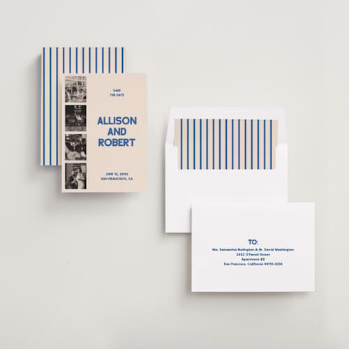 This is a sky save the date with standard by Sumak Studio called bold side printing on recycled smooth signature in standard
