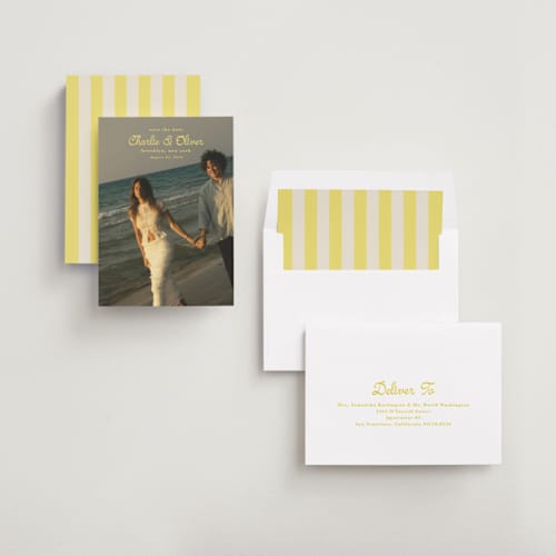 This is a lemon save the date with standard by Kristie Kern called aesthetic printing on recycled smooth signature in standard
