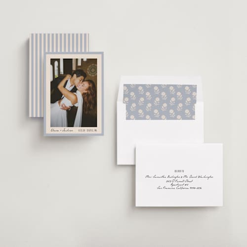 This is a sky save the date with standard by Alethea and Ruth called snapshot border printing on recycled smooth signature in standard