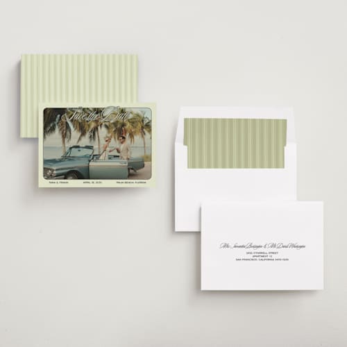 This is a palm sage save the date with standard by Ani Somi called sunset ave printing on recycled smooth signature in standard